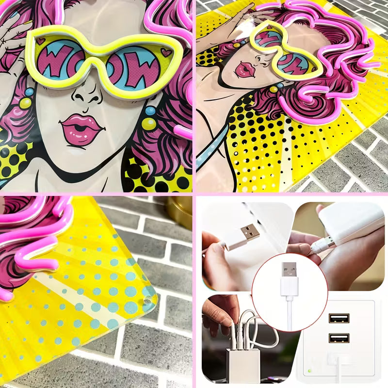1pc Retro 80s Neon Sign - Glowing Pink & Purple Pop Art Wall Light with WOW Lips & Curly Hair Design - UV/LED Wall-Mounted Light for Bedroom, Bar,