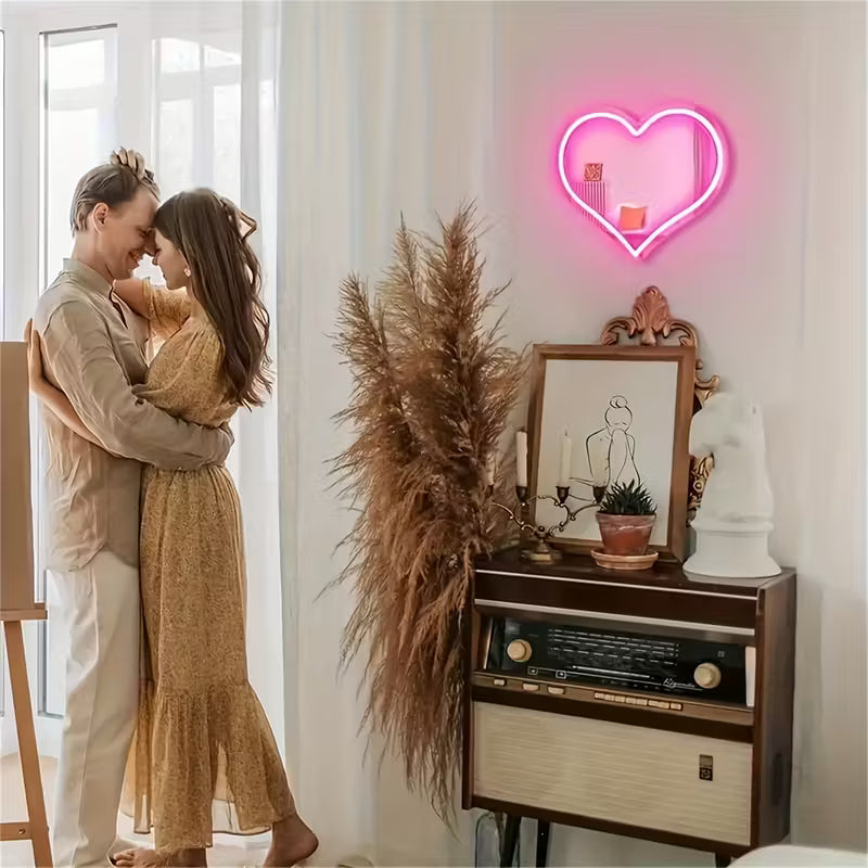 Pink Heart Neon Mirror: Wall-Mounted, USB-Powered, Plastic Material, Switch Control, Suitable for Various Uses