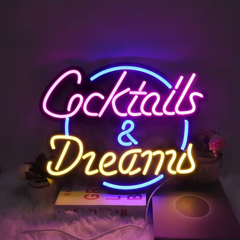 [1pc LED Neon Sign] 1pc LED Neon Sign Art, Cocktails & Dreams | Wall Lights for Bar, Hotel, Pub, Bedroom, Wedding, Birthday Party | 44*36cm