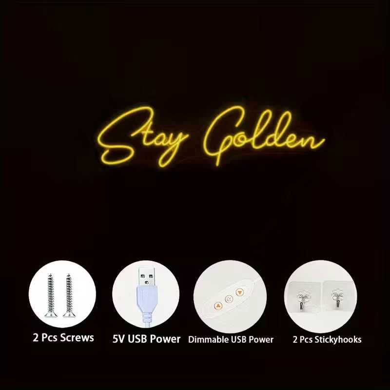 Stay Golden LED Neon Sign - USB-Powered Wall Art with Adjustable Brightness