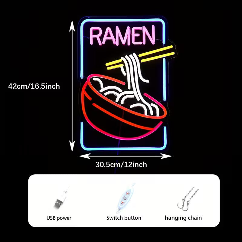 Ramen Neon Sign, LED Ramen Light, USB Powered, Colorful Neon Art Wall Decor for Shops