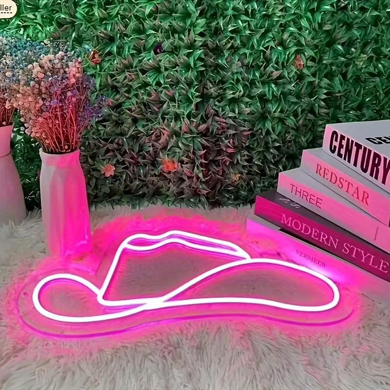 Cowboy Hat LED Neon Light, Pink, USB Powered, Push Button Control, Wall Hanging