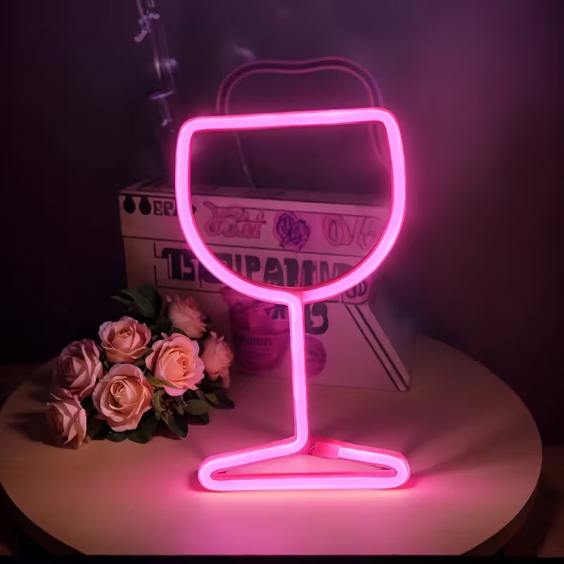 Neon Light Bar - Wine Glass-shaped LED Wall/Table Decor with Red Neon Lighting
