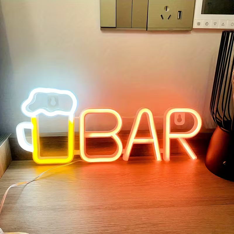LED Neon "Bar" Sign with Beer Mug Design - 13.8x5.5in, USB or Battery Powered