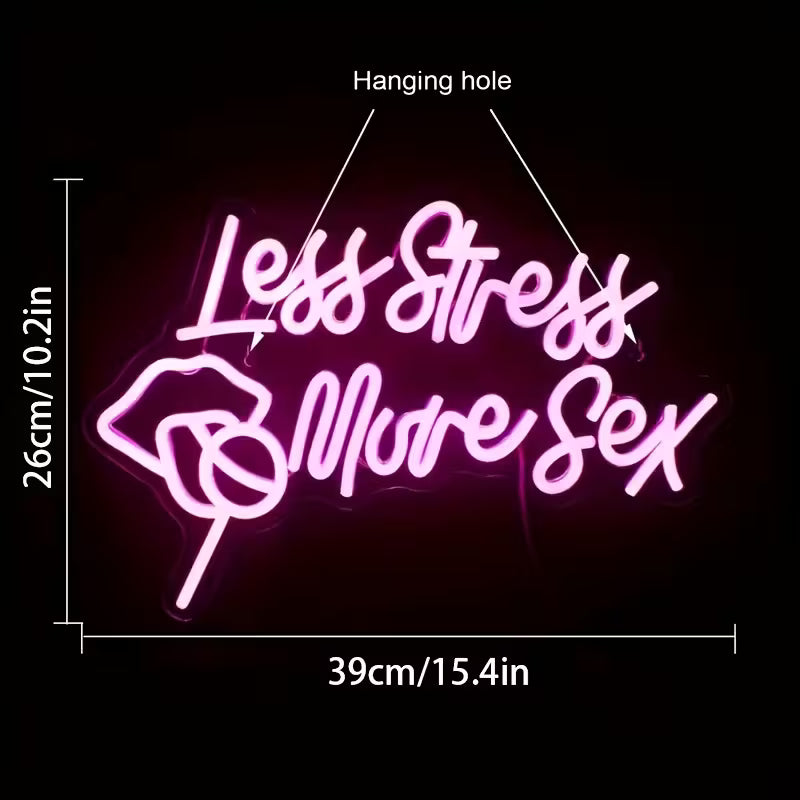 Vibrant Neon Sign "Less Stress, More Sex" - USB-Powered LED Light with Pink Glow