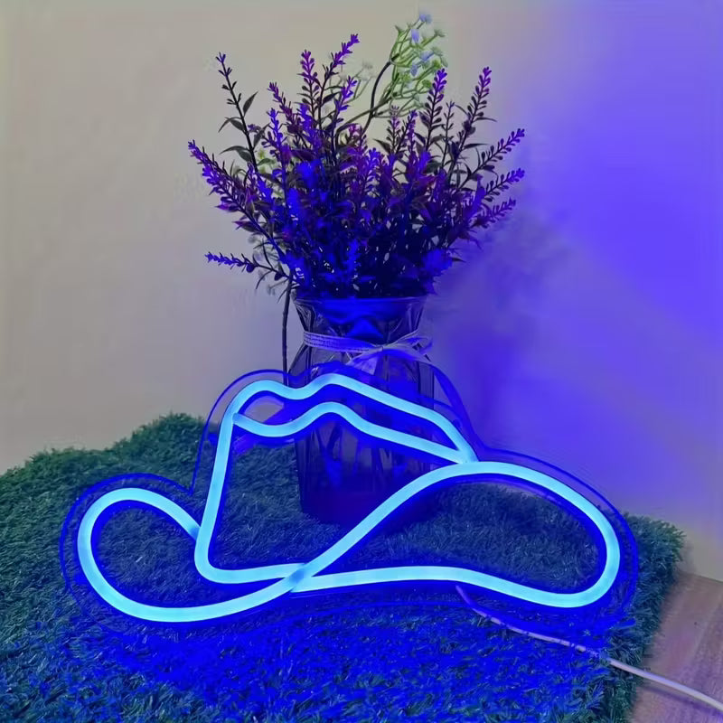 Cowboy Hat LED Neon Light, Pink, USB Powered, Push Button Control, Wall Hanging