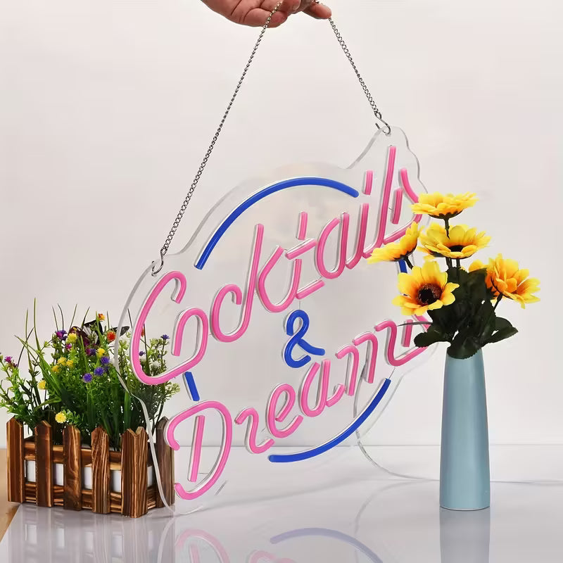 Dimmable LED Neon Sign "Cocktails & Dreams" - USB Powered Plastic Wall Hanging Light with Switch Control for Bedroom,