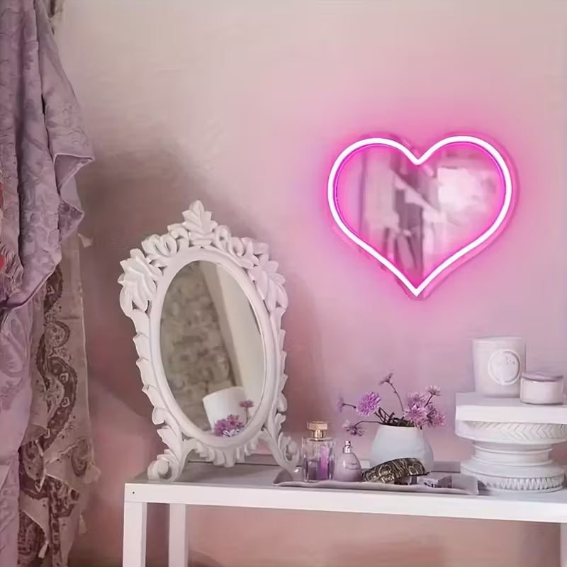 Pink Heart Neon Mirror: Wall-Mounted, USB-Powered, Plastic Material, Switch Control, Suitable for Various Uses
