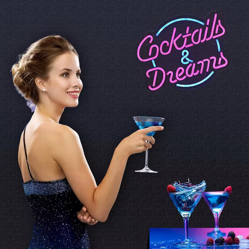 Dimmable LED Neon Sign "Cocktails & Dreams" - USB Powered Plastic Wall Hanging Light with Switch Control for Bedroom,