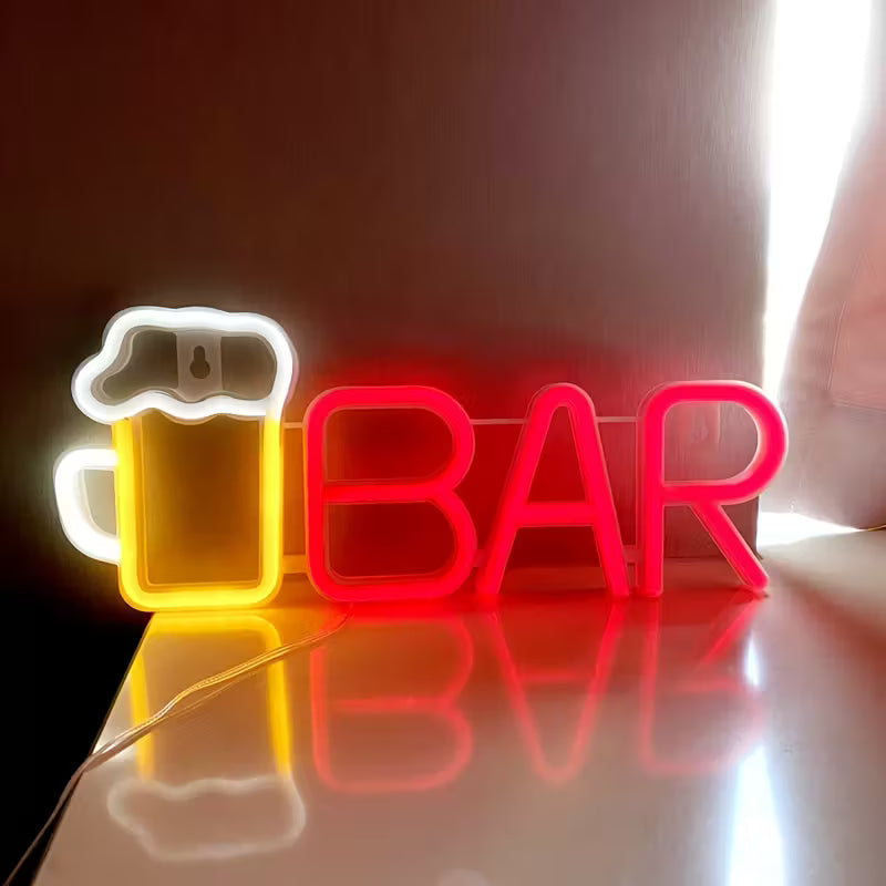 LED Neon "Bar" Sign with Beer Mug Design - 13.8x5.5in, USB or Battery Powered