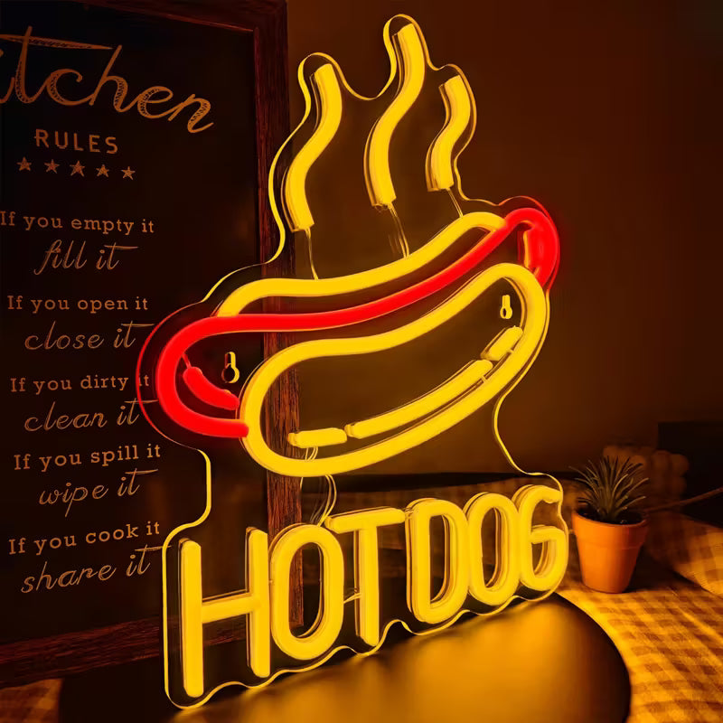 Hot Dog Neon Sign - Dimmable LED Wall Decor with USB Power,