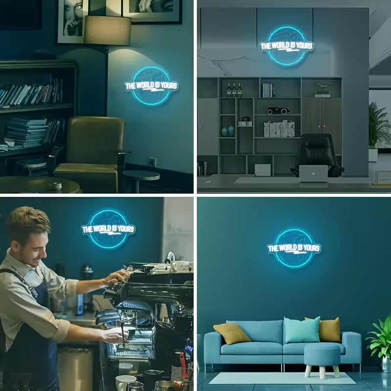 The World is Your Neon Decorative Sign, Engraved Planet The Word "World" Letter Lighting LED