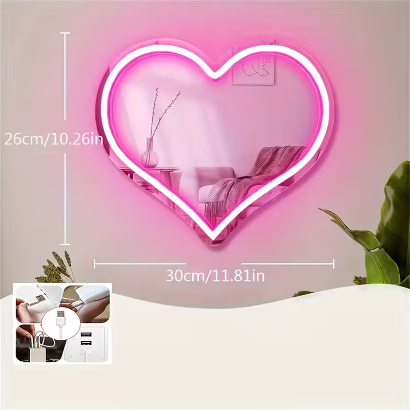 Pink Heart Neon Mirror: Wall-Mounted, USB-Powered, Plastic Material, Switch Control, Suitable for Various Uses