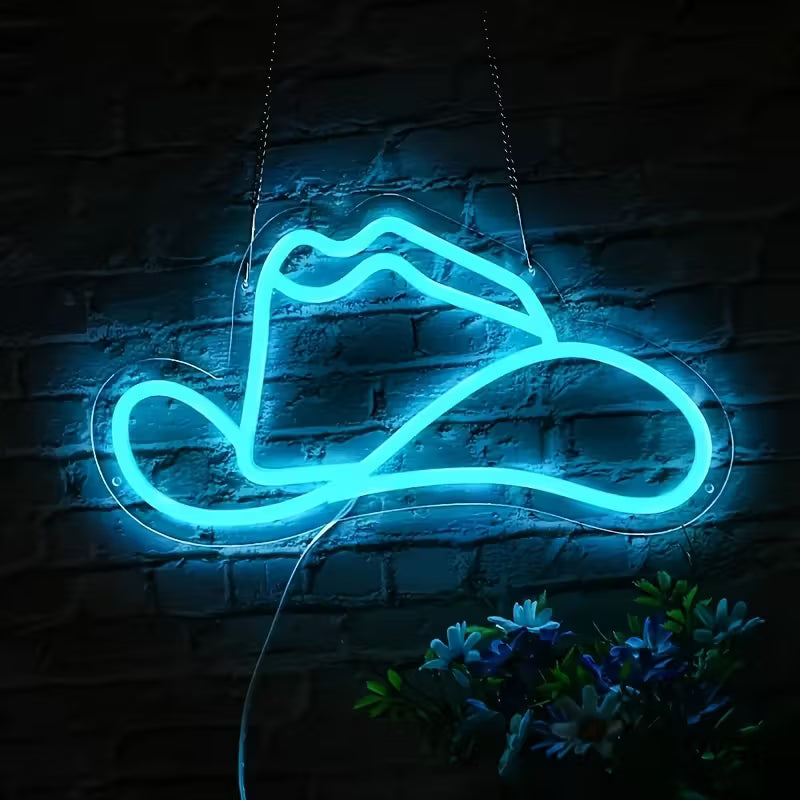 Cowboy Hat LED Neon Light, Pink, USB Powered, Push Button Control, Wall Hanging