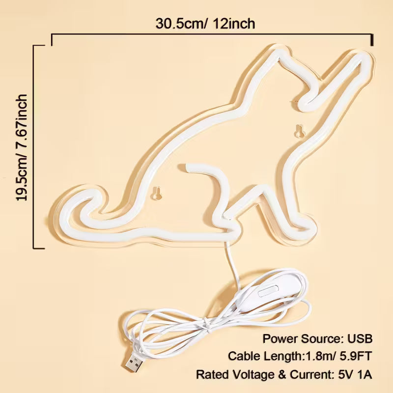 Cat LED Neon Sign - USB Powered Wall-Mounted Bedroom Decor, Warm Yellow Light