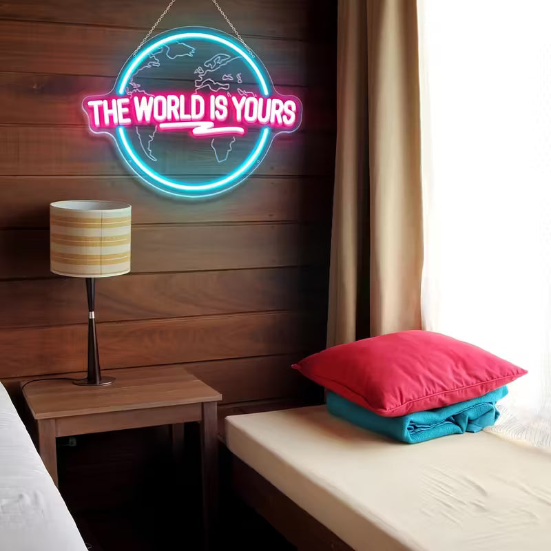 The World is Your Neon Decorative Sign, Engraved Planet The Word "World" Letter Lighting LED