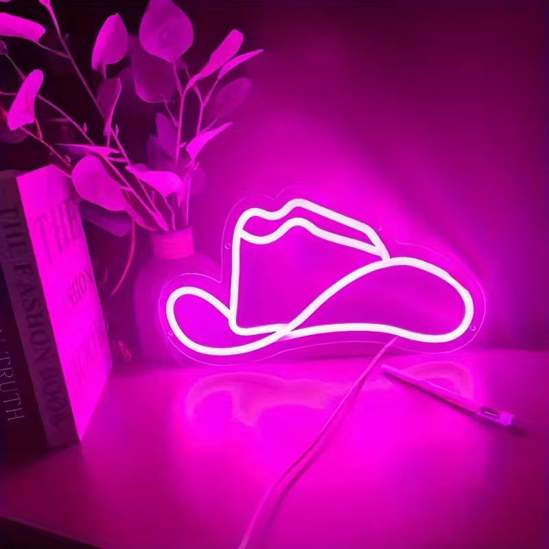 Cowboy Hat LED Neon Light, Pink, USB Powered, Push Button Control, Wall Hanging