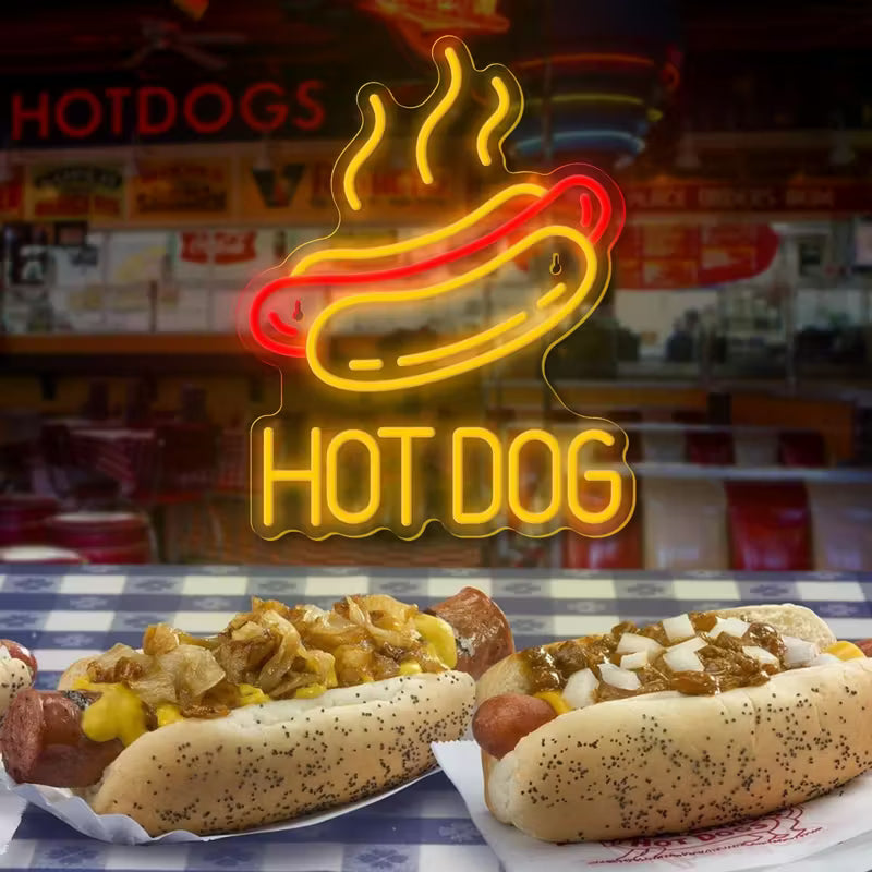 Hot Dog Neon Sign - Dimmable LED Wall Decor with USB Power,