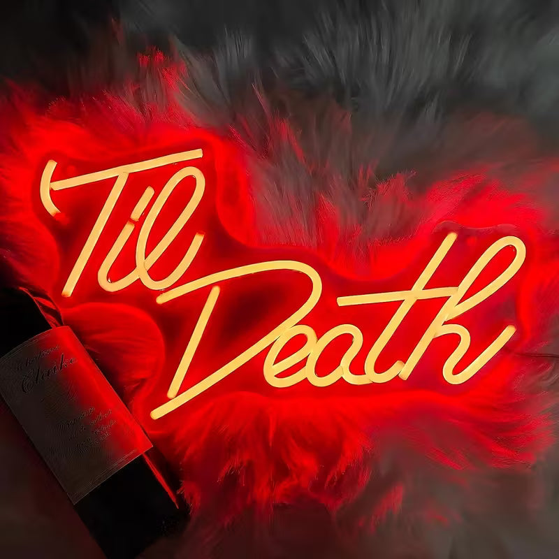 Til Death Neon Sign - USB-Powered Wall-Mounted LED Light with Red & White Text, Durable Vinyl Home Decor for Bedroom, Living Room