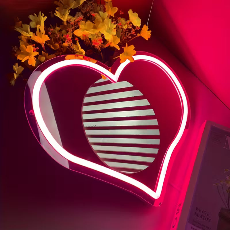 Pink Heart Neon Mirror: Wall-Mounted, USB-Powered, Plastic Material, Switch Control, Suitable for Various Uses