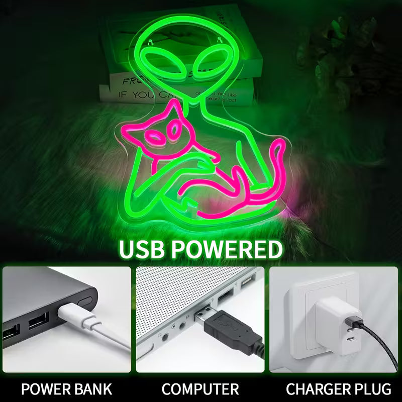 Alien Cat Neon Sign, USB Powered Multi-Color LED Wall Hanging Light with