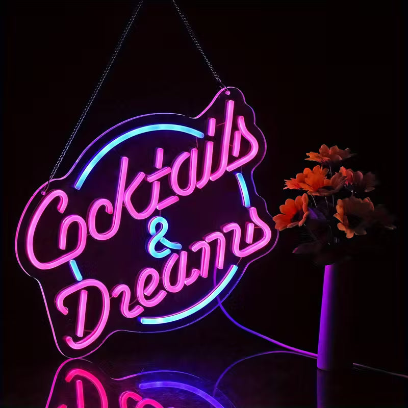 Dimmable LED Neon Sign "Cocktails & Dreams" - USB Powered Plastic Wall Hanging Light with Switch Control for Bedroom,