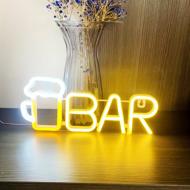 LED Neon "Bar" Sign with Beer Mug Design - 13.8x5.5in, USB or Battery Powered