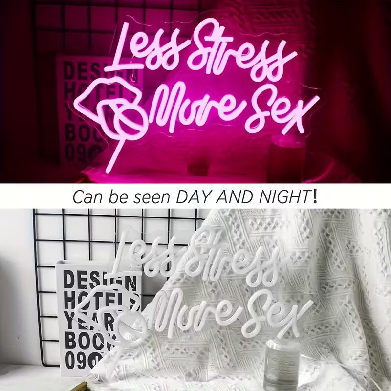 Vibrant Neon Sign "Less Stress, More Sex" - USB-Powered LED Light with Pink Glow