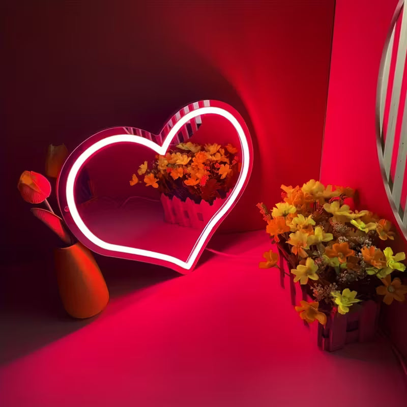 Pink Heart Neon Mirror: Wall-Mounted, USB-Powered, Plastic Material, Switch Control, Suitable for Various Uses