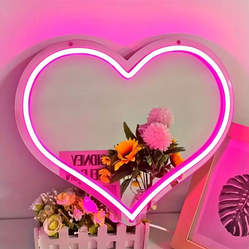 Pink Heart Neon Mirror: Wall-Mounted, USB-Powered, Plastic Material, Switch Control, Suitable for Various Uses