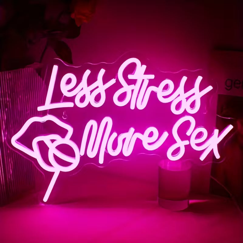 Vibrant Neon Sign "Less Stress, More Sex" - USB-Powered LED Light with Pink Glow