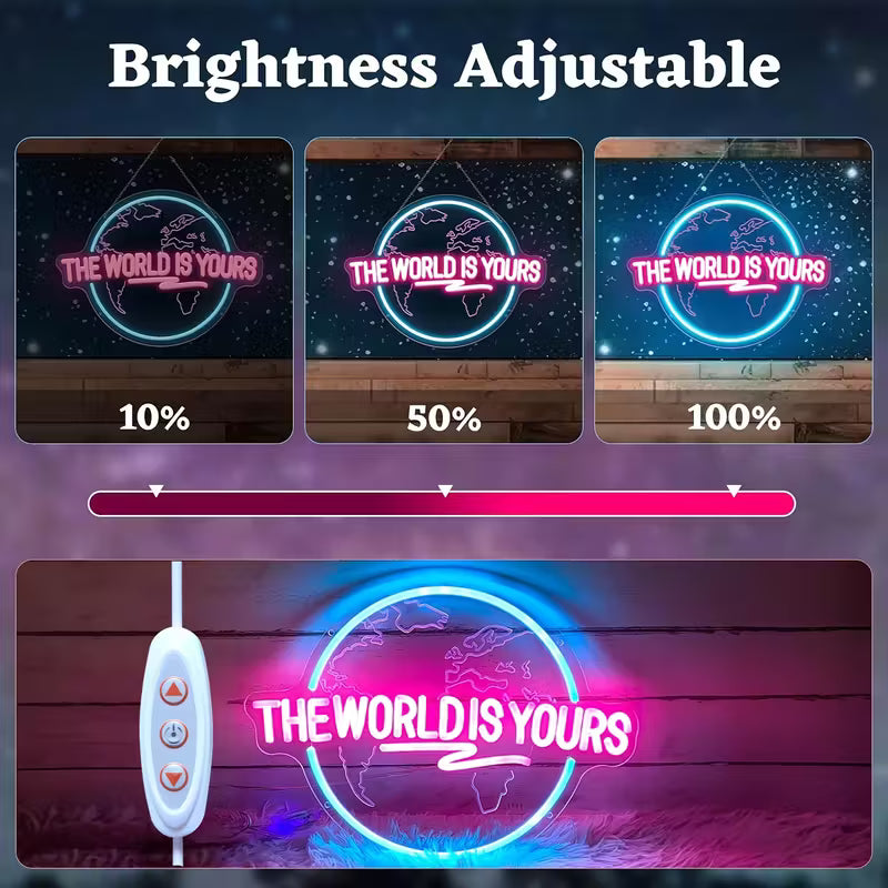 The World is Your Neon Decorative Sign, Engraved Planet The Word "World" Letter Lighting LED