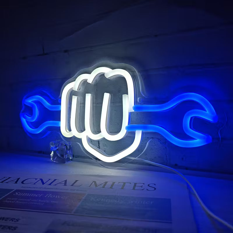 FUFIOR Neon Wrench Sign - Plastic Wall Hanging LED Night Light for Bedroom, Party, Hardware Store,