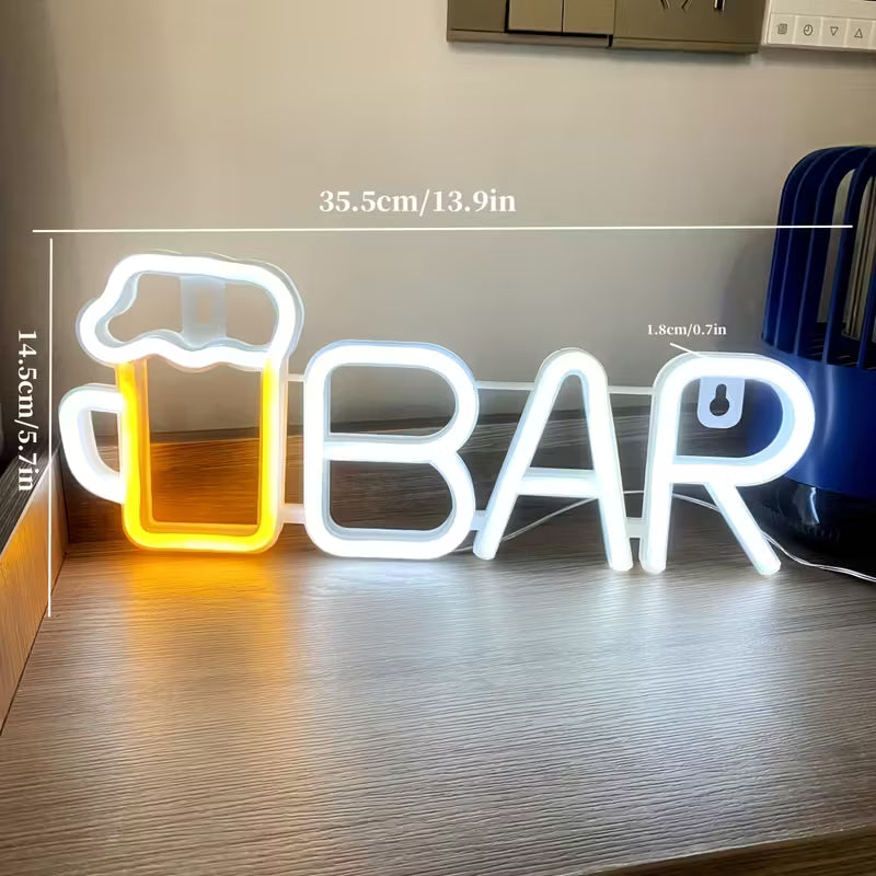 LED Neon "Bar" Sign with Beer Mug Design - 13.8x5.5in, USB or Battery Powered