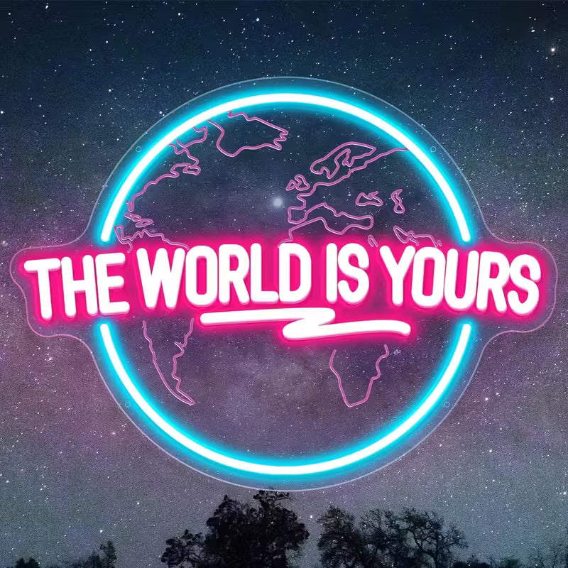 The World is Your Neon Decorative Sign, Engraved Planet The Word "World" Letter Lighting LED