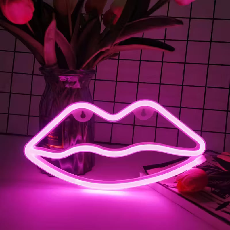 Pink Lip LED Neon Sign - USB or Battery Powered Romantic Art Deco Light for Room