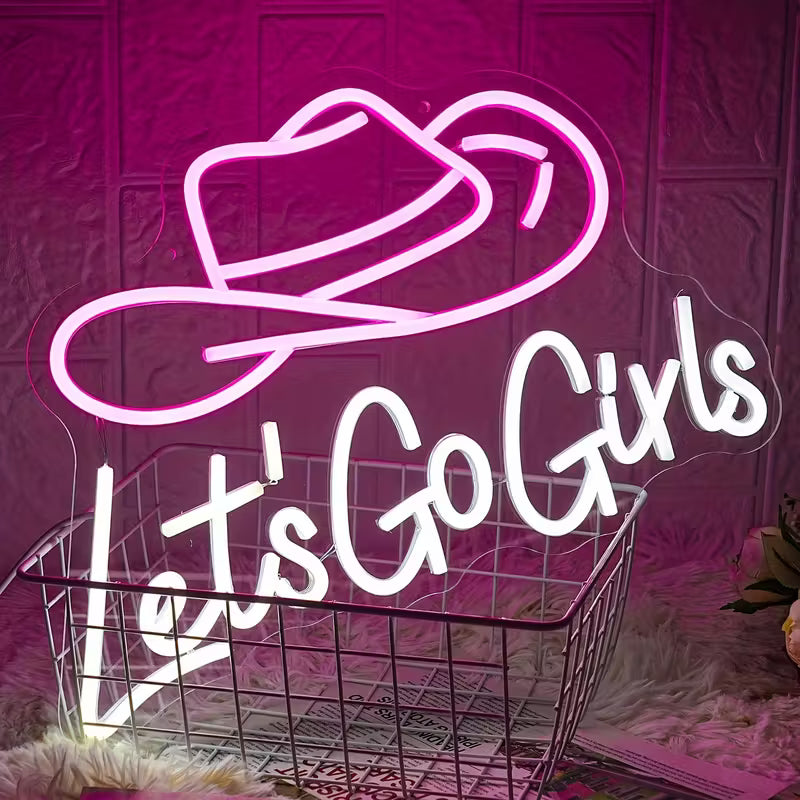 [Pink|Neon] Pink & White Dimmable LED Neon Sign "Let's Go Girls" Cowboy Hat | USB-Powered Wall Decor for Bars, Bedrooms, Living Rooms | Perfect for Christmas