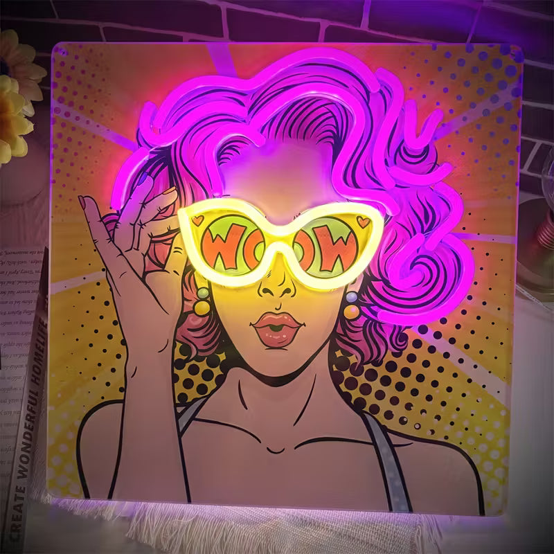1pc Retro 80s Neon Sign - Glowing Pink & Purple Pop Art Wall Light with WOW Lips & Curly Hair Design - UV/LED Wall-Mounted Light for Bedroom, Bar,