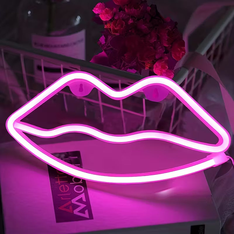 Pink Lip LED Neon Sign - USB or Battery Powered Romantic Art Deco Light for Room