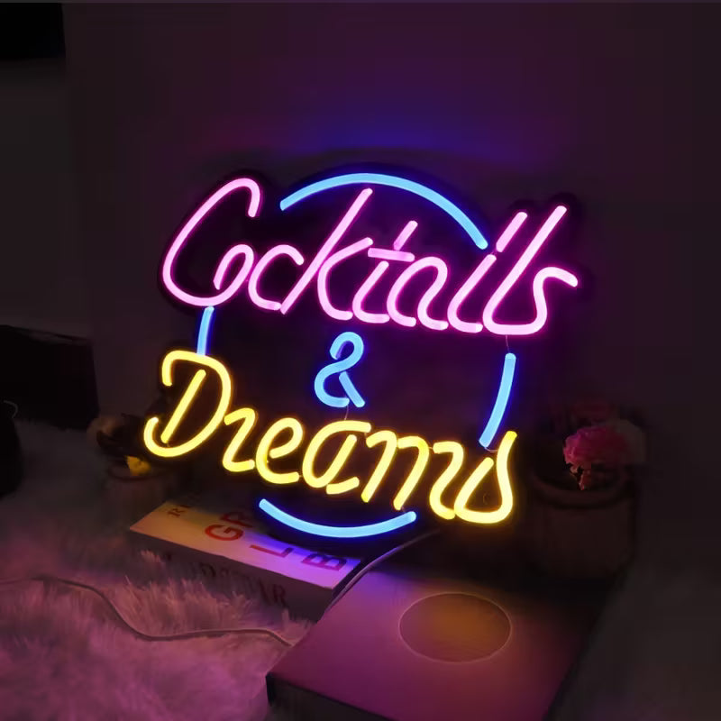 [1pc LED Neon Sign] 1pc LED Neon Sign Art, Cocktails & Dreams | Wall Lights for Bar, Hotel, Pub, Bedroom, Wedding, Birthday Party | 44*36cm
