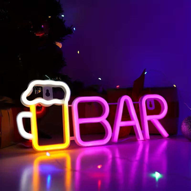 LED Neon "Bar" Sign with Beer Mug Design - 13.8x5.5in, USB or Battery Powered