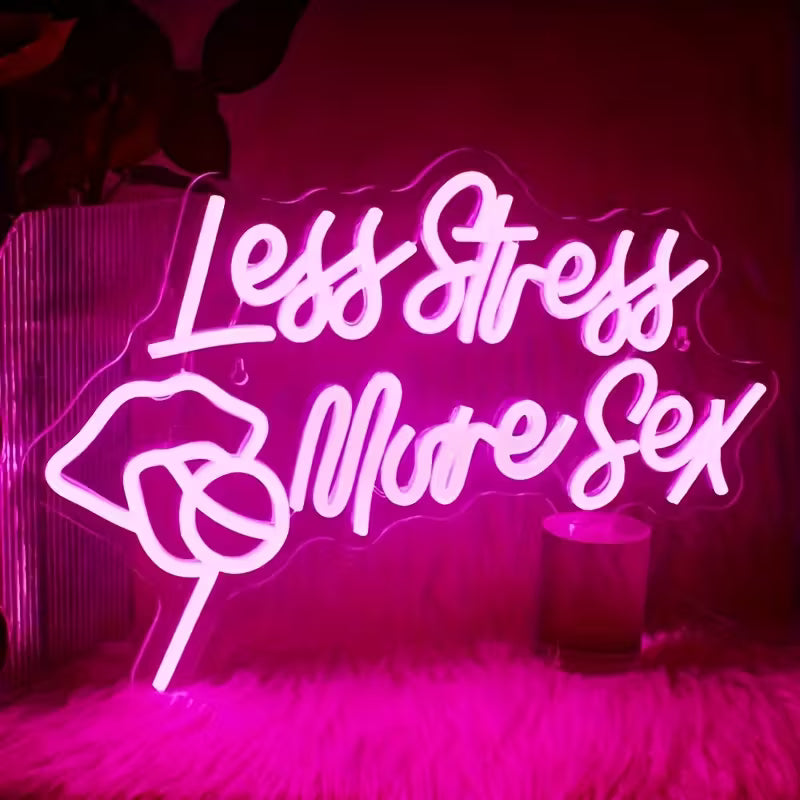 Vibrant Neon Sign "Less Stress, More Sex" - USB-Powered LED Light with Pink Glow