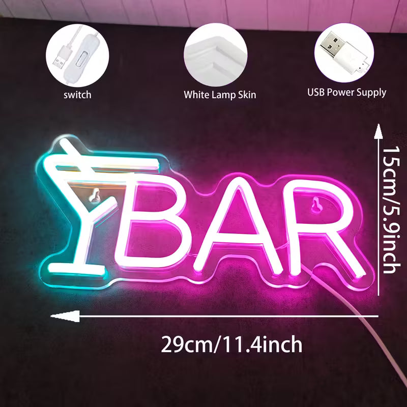 1pc LED Neon "Y Bar" Sign with Cocktail Glass Design - USB Powered, Multi-Color Display, Wall Mount Decor for Home, Parties, and Bars, Bar Accessories