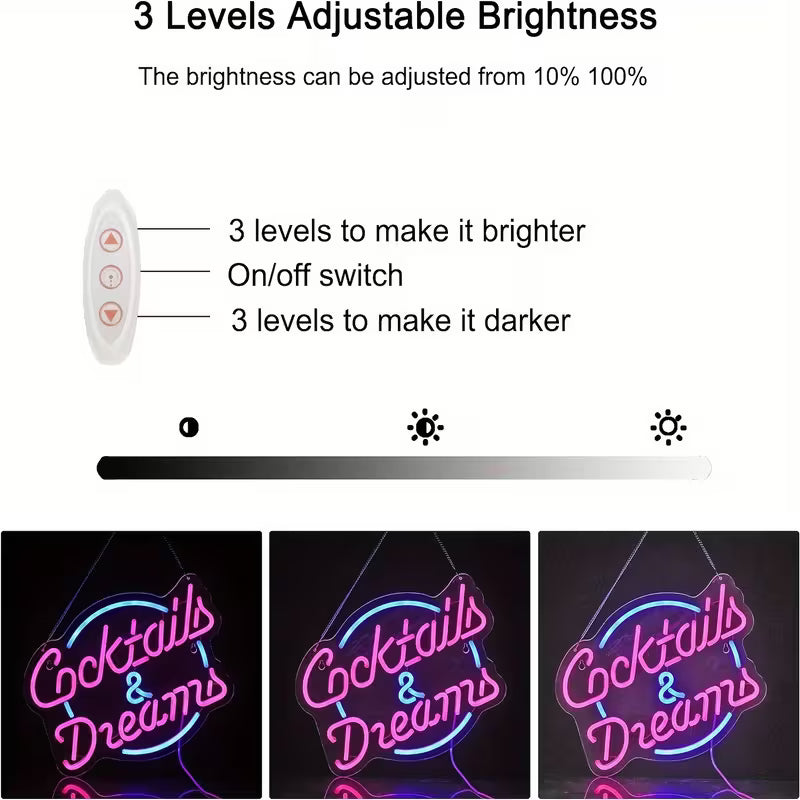 Dimmable LED Neon Sign "Cocktails & Dreams" - USB Powered Plastic Wall Hanging Light with Switch Control for Bedroom,