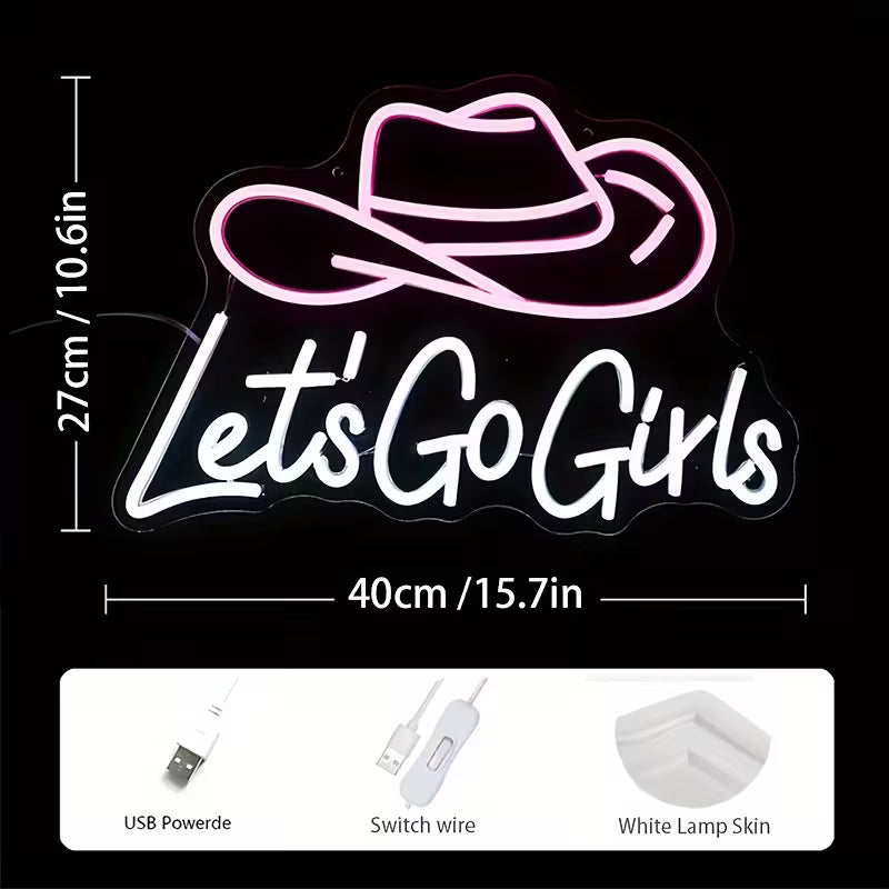 [Pink|Neon] Pink & White Dimmable LED Neon Sign "Let's Go Girls" Cowboy Hat | USB-Powered Wall Decor for Bars, Bedrooms, Living Rooms | Perfect for Christmas