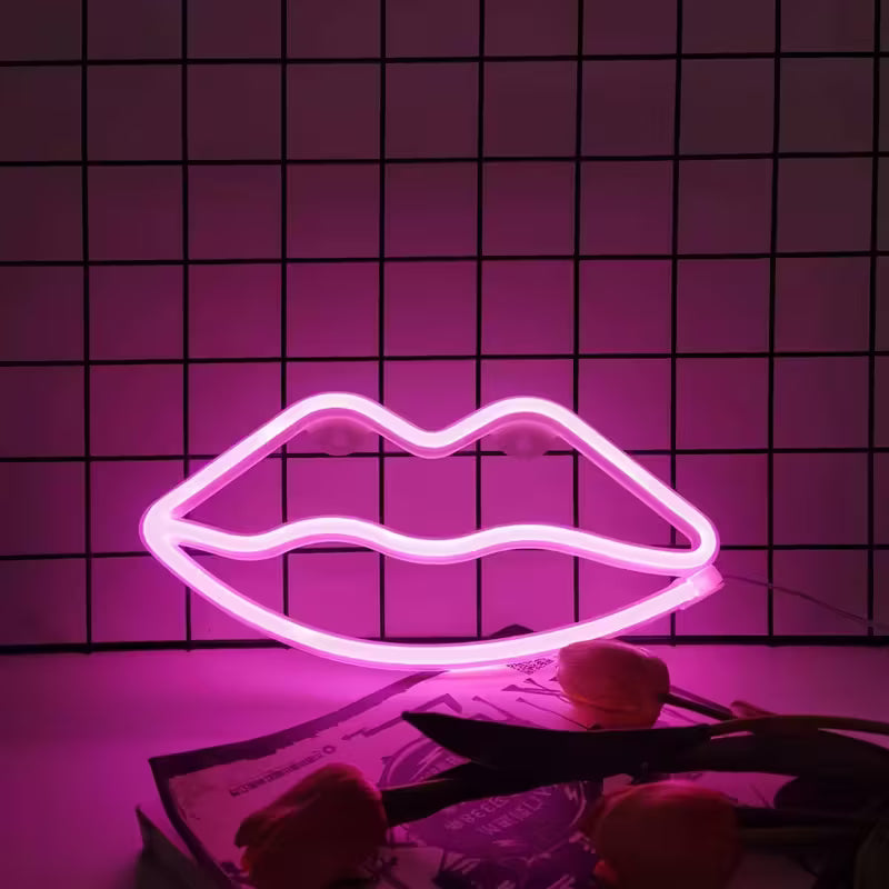 Pink Lip LED Neon Sign - USB or Battery Powered Romantic Art Deco Light for Room