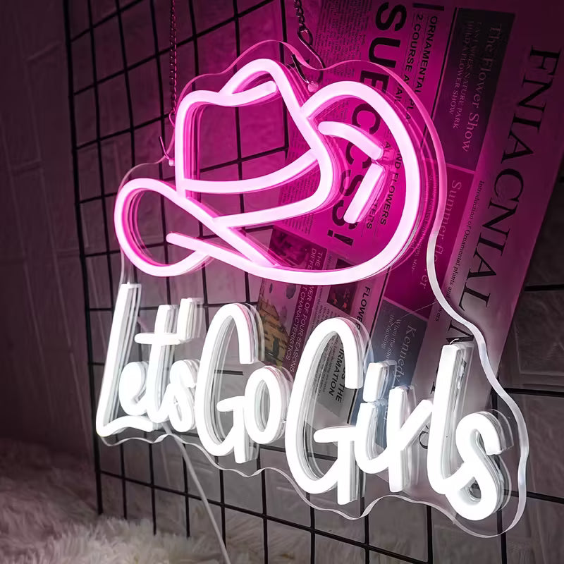 [Pink|Neon] Pink & White Dimmable LED Neon Sign "Let's Go Girls" Cowboy Hat | USB-Powered Wall Decor for Bars, Bedrooms, Living Rooms | Perfect for Christmas