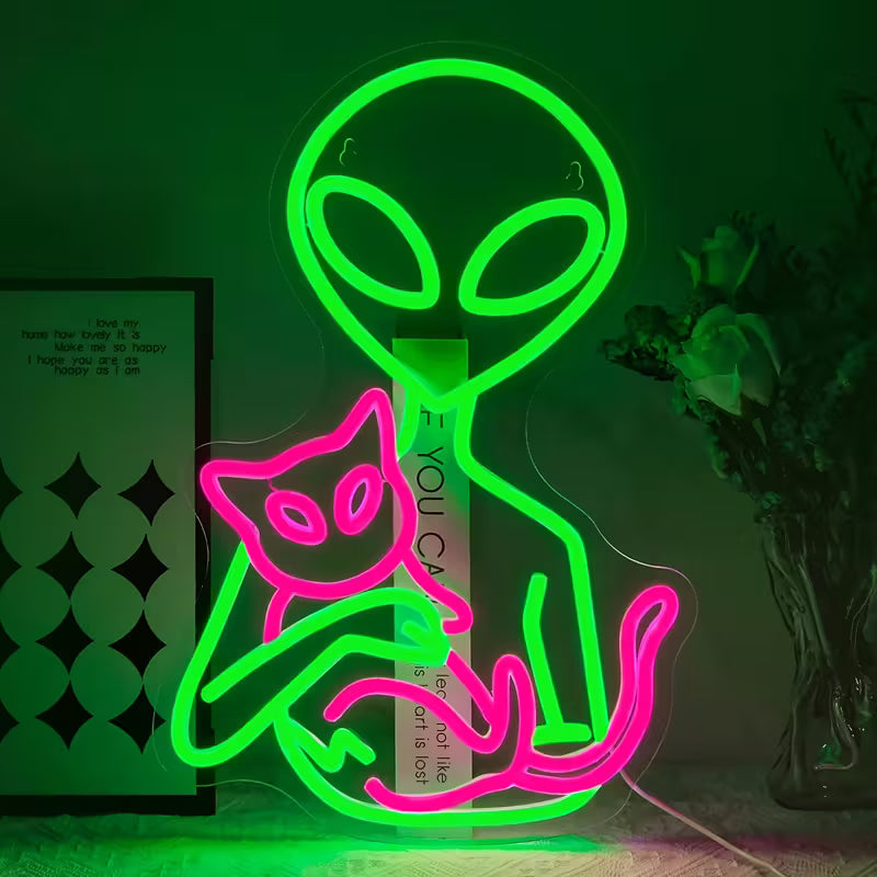 Alien Cat Neon Sign, USB Powered Multi-Color LED Wall Hanging Light with