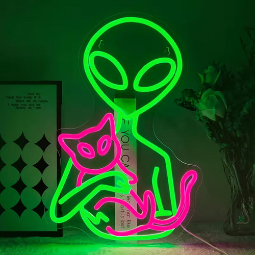 Alien Cat Neon Sign, USB Powered Multi-Color LED Wall Hanging Light with