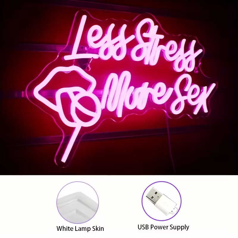 Vibrant Neon Sign "Less Stress, More Sex" - USB-Powered LED Light with Pink Glow